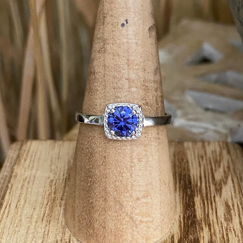 Round Tanzanite Halo & CZ Sterling Silver Ring Size 6,8